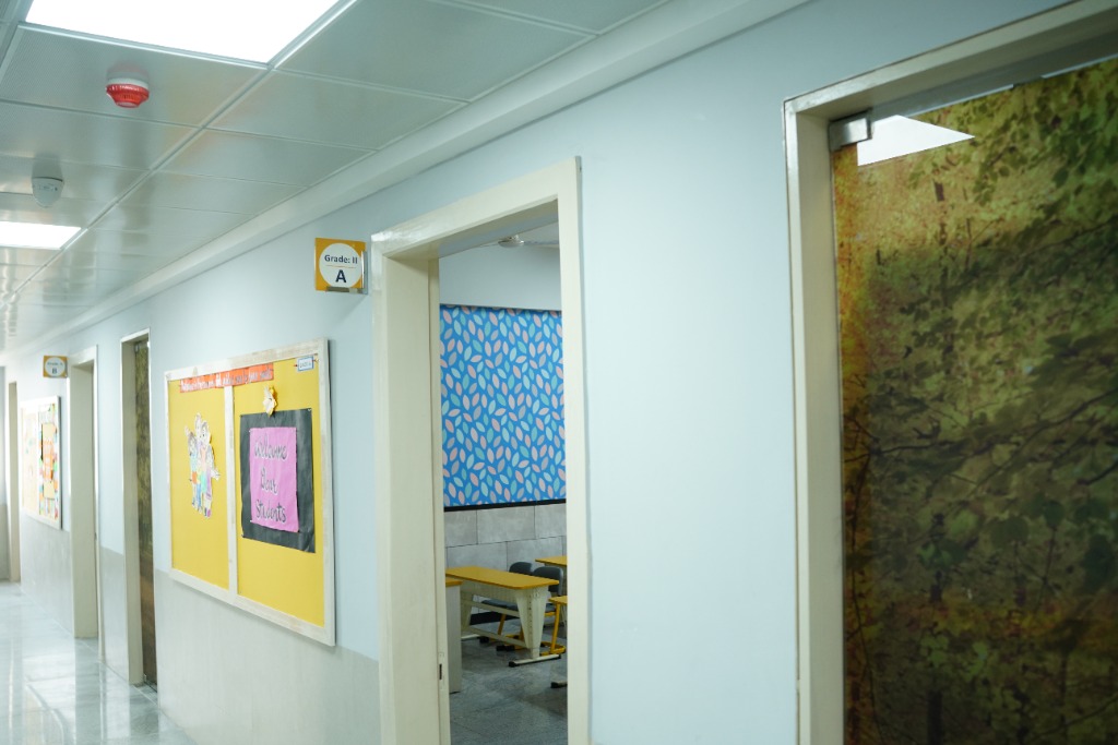 School hallway corridor showing classroom entrances at VIBGYOR Hinjewadi